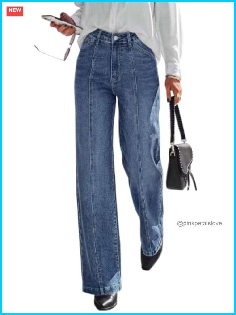 High Waisted Wide Straight Leg Stretch Jeans Front Seam Full Length